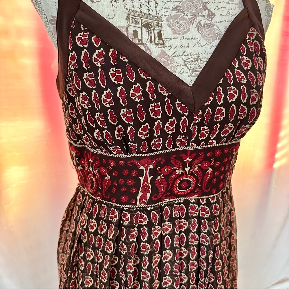 Brown Silk Sundress Size 8/10 by Robbie Bee Empire Waist Sequins